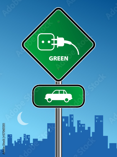 Green car sign on urban background, vector