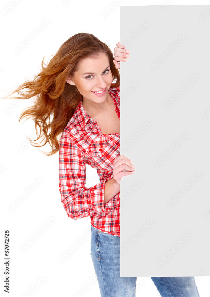 Lovely young woman in casual clothing holding empty board