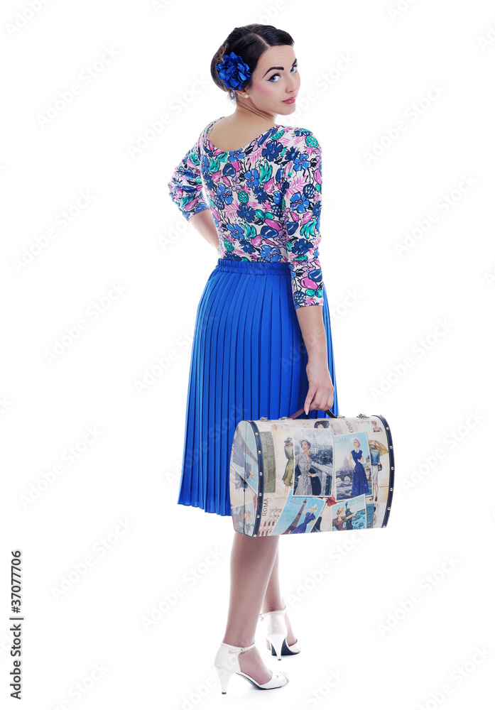 pinup retro  woman with travel bag isolated