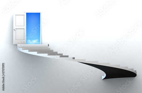 3D stairs up to clean sky with door clipping path