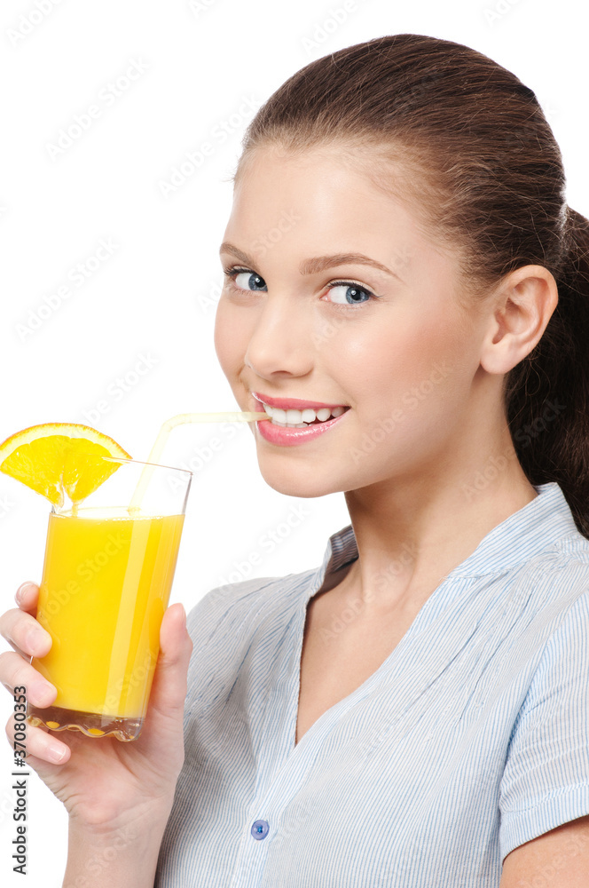Young woman with glass of orange juice isolated Young woman with glass of orange juice isolated