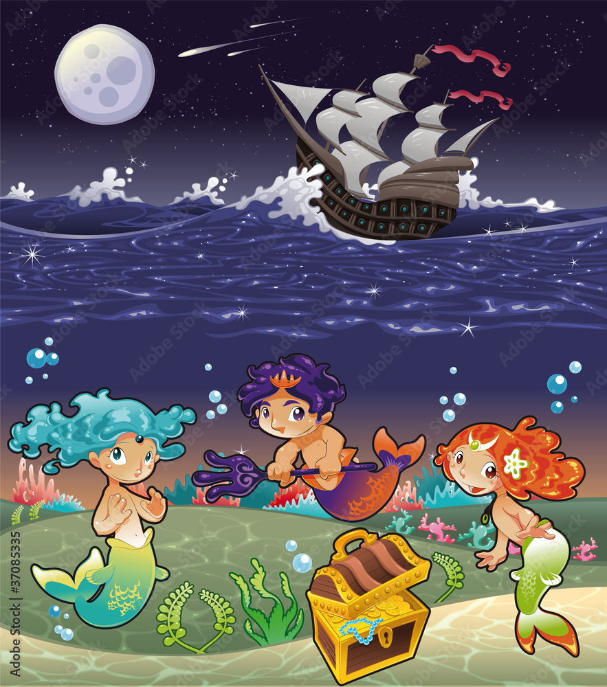 Naklejka premium Baby Sirens under the sea.Vector illustration.