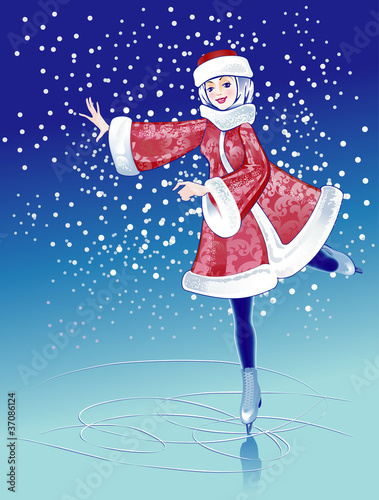 Girl in fur suit on skating rink
