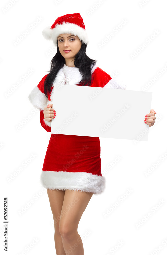 Young woman santa with empty board Young woman santa with empty board