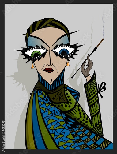 Madame smoker. Decadence illustration women in stylish dress.