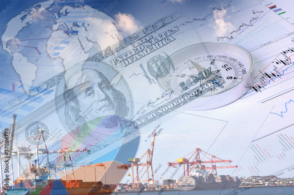 Obraz premium Financial charts with lighthouse on the background