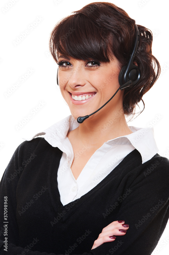 smiley telephone operator over white background smiley telephone operator over white background