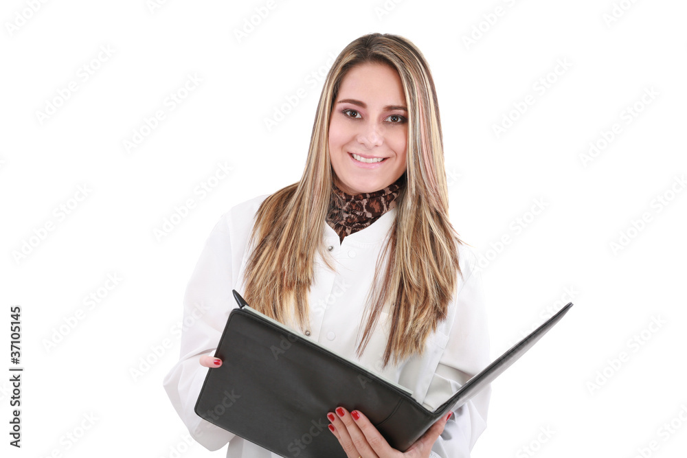 Portrait of a beautiful woman doctor. Isolated over white backgr Portrait of a beautiful woman doctor. Isolated over white backgr