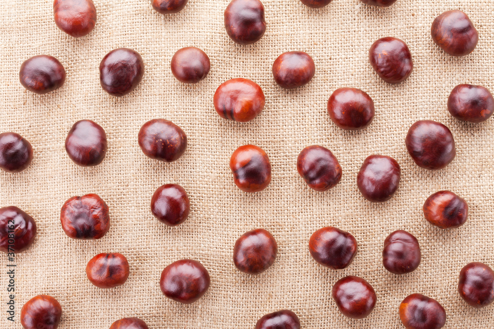 chestnuts on fabric texture background chestnuts on fabric texture background