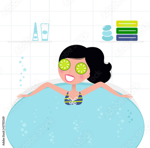 Cute retro woman relaxing in whirlpool foam bath..
