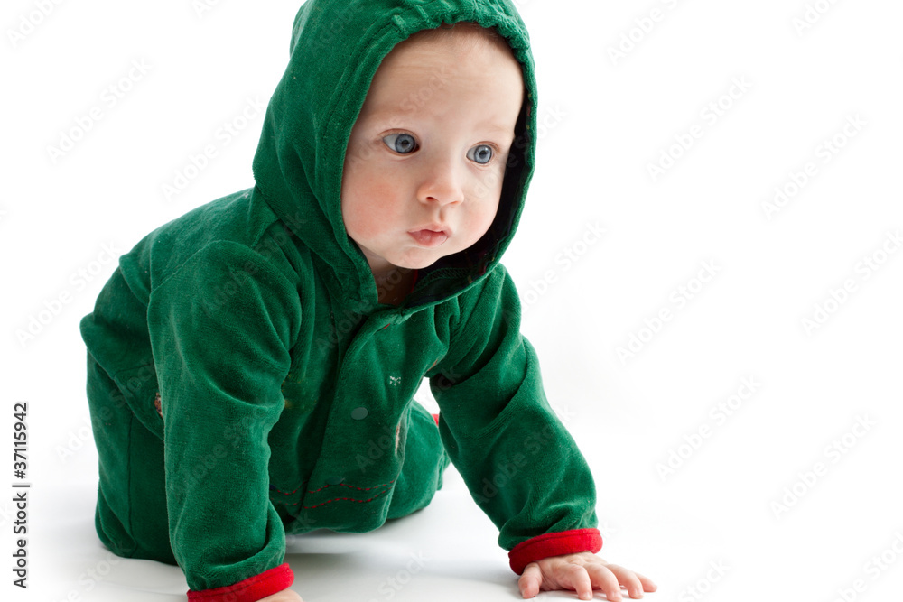 Baby in elf-costume on a white background Baby in elf-costume on a white background