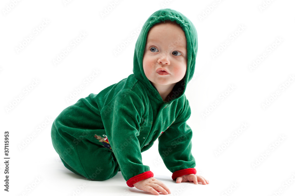 Baby in elf-costume on a white background Baby in elf-costume on a white background