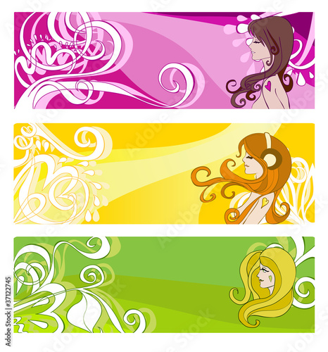 Bright banners with floral elements and women