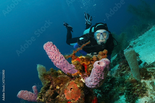 Scuba Diver and Purple Vase Sponges - Cozumel, Mexico