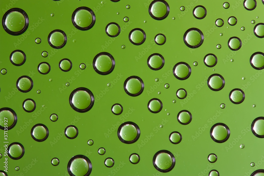 Water drops over green background