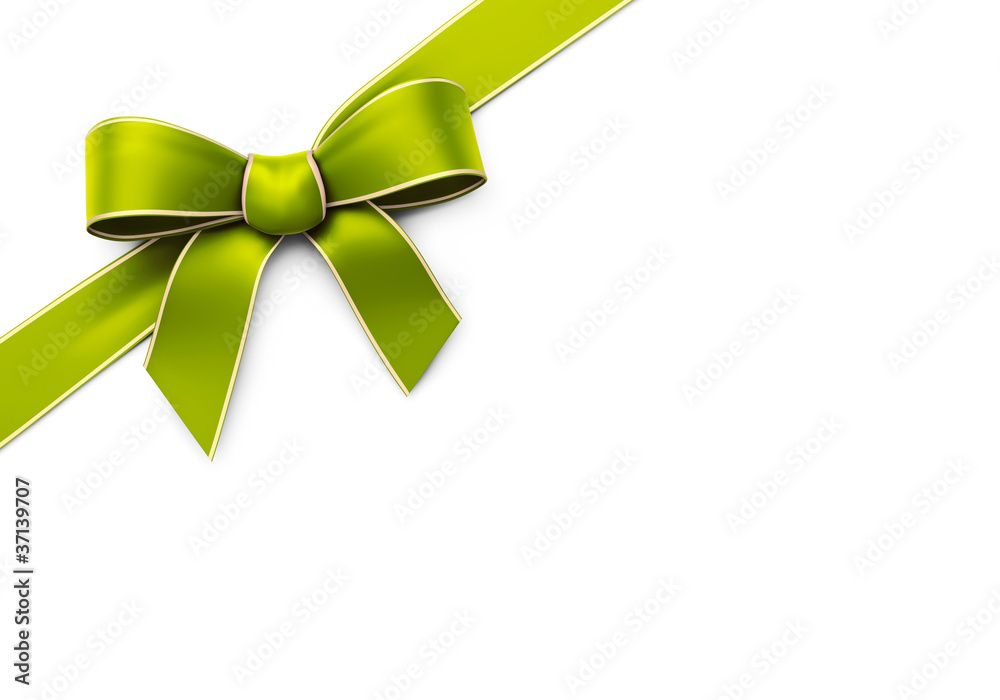 Fototapeta premium Green silk corner ribbon with golden edges