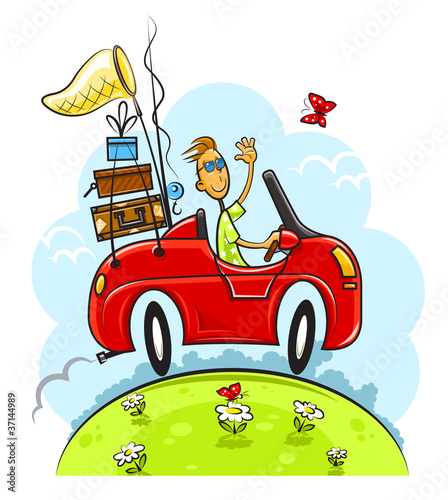 travel boy drive car vector illustration isolated on white