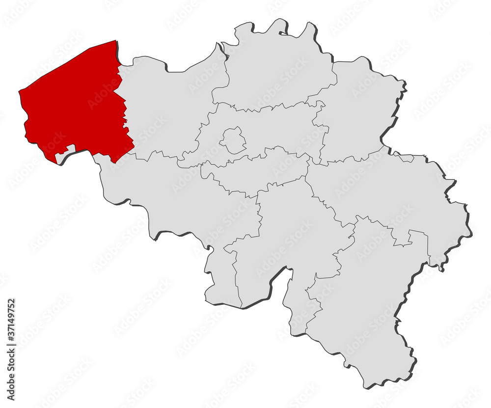 Map of Belgium, West Flanders highlighted