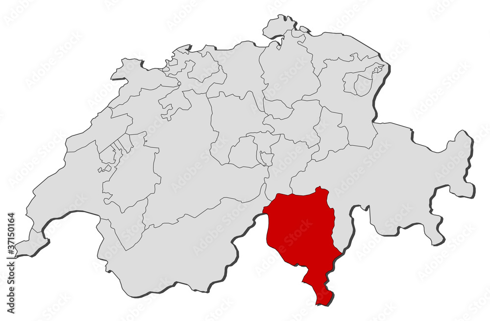 Fototapeta premium Map of Swizerland, Ticino highlighted