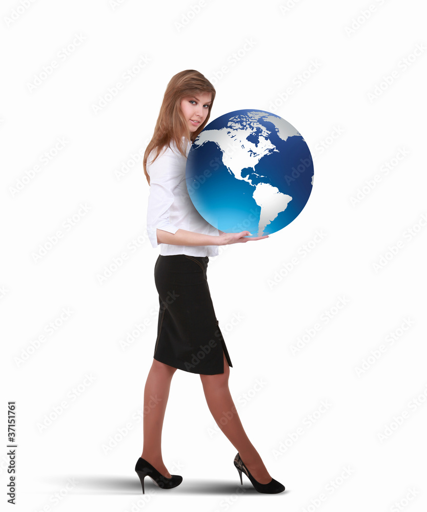 Businesswoman with our planet earth Businesswoman with our planet earth