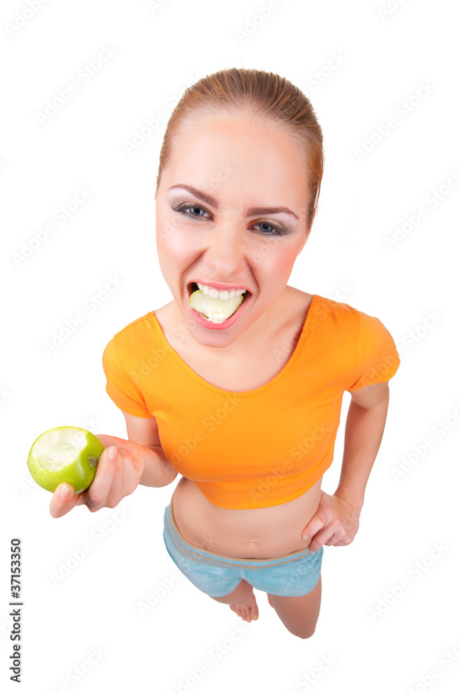 Young funny woman with green apple Young funny woman with green apple