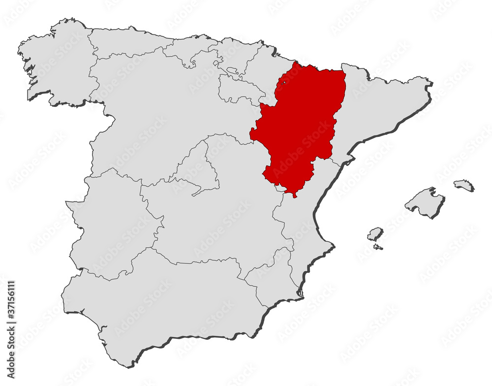 Map of Spain, Aragon highlighted Map of Spain, Aragon highlighted