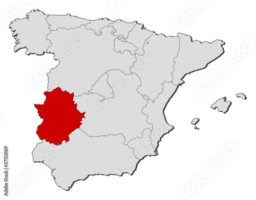 Map of Spain  Extremadura highlighted