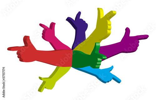 Color hands pointing in different directions