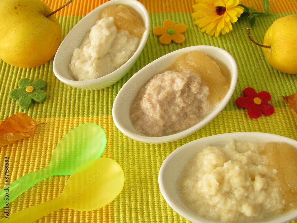 Schälchen mit Hirsebrei, Reisbrei und Dinkelbrei für Babys Schälchen mit Hirsebrei, Reisbrei und Dinkelbrei für Babys