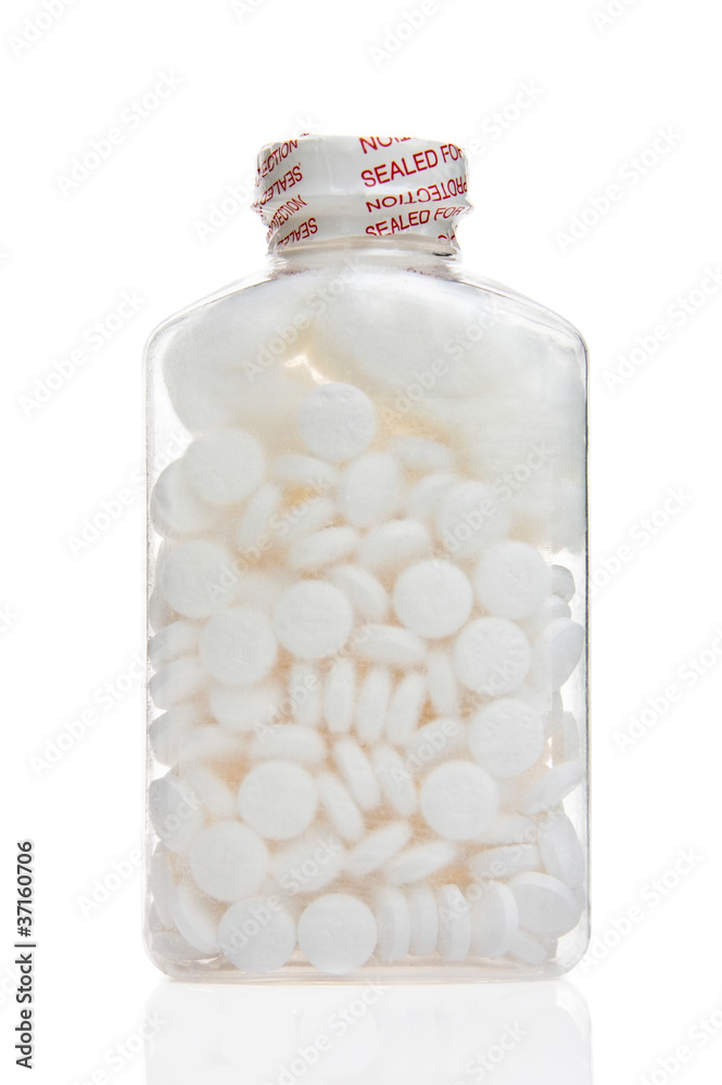 Sealed bottle of aspirin isolated on white Sealed bottle of aspirin isolated on white