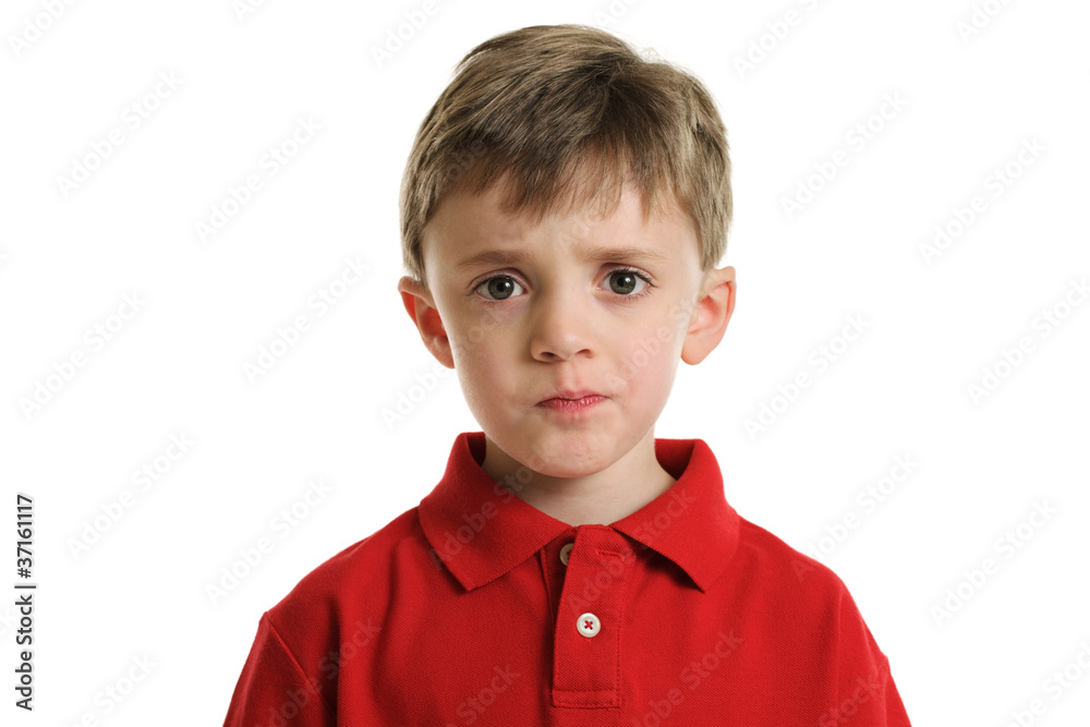Worried little boy portrait isolated on white Worried little boy portrait isolated on white