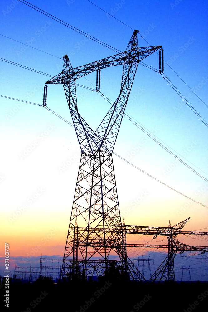 High voltage tower sky background