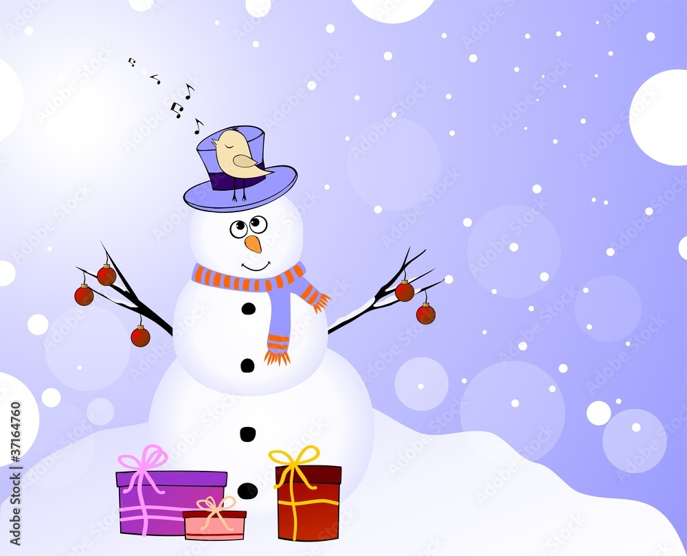 Snowman with singing bird and gifts Snowman with singing bird and gifts