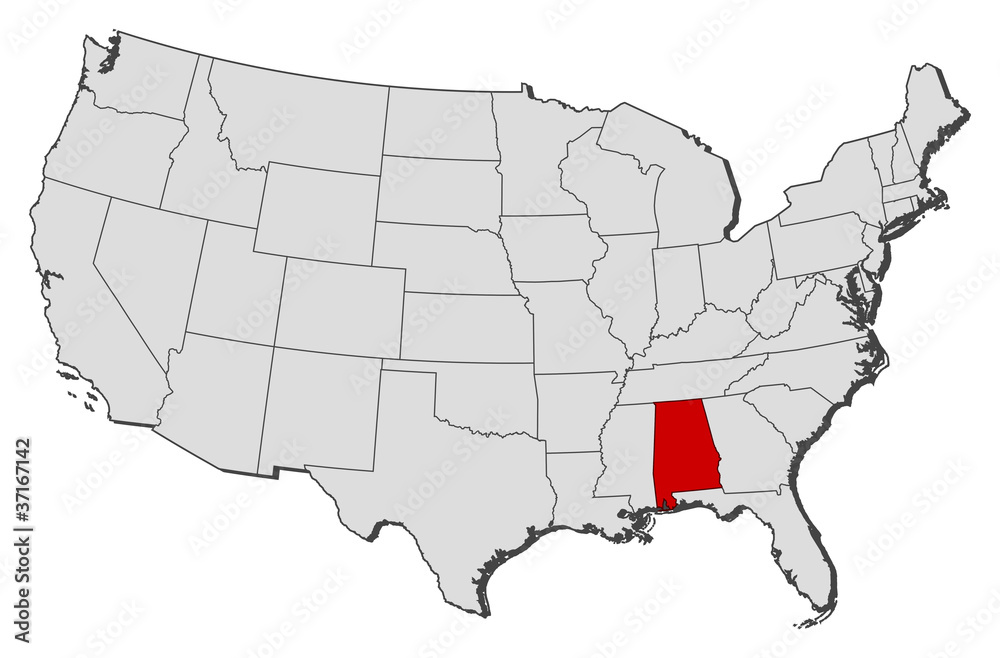 Fototapeta premium Map of the United States, Alabama highlighted