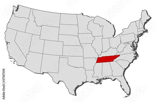 Map of the United States, Tennessee highlighted
