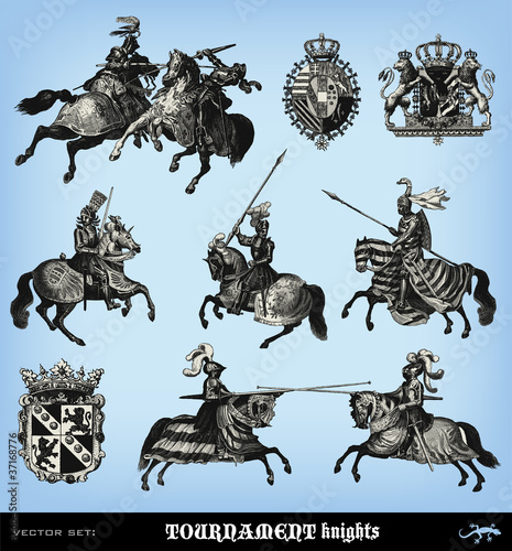 Engraving vintage knights tournament set.