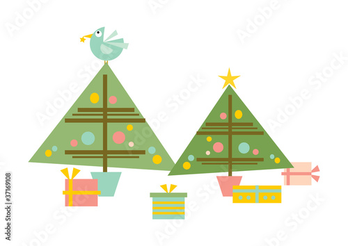 Bunte Cartoon-Zeichnung  Weihnachtsbaum und Geschenke