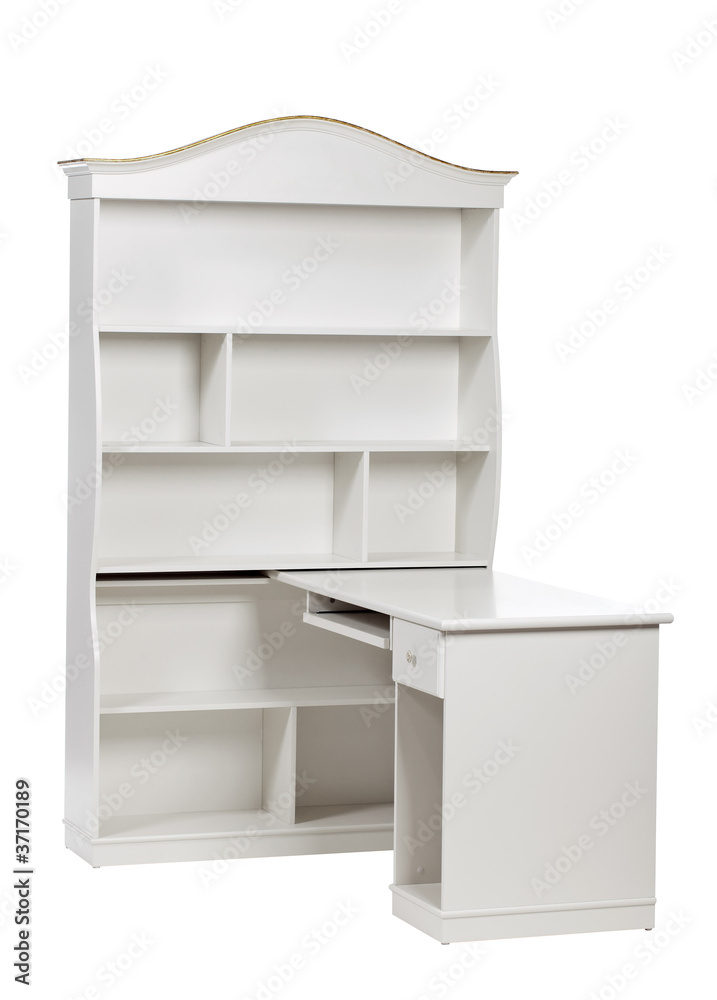 White wooden workstation (desk and bookcase), with clipping path