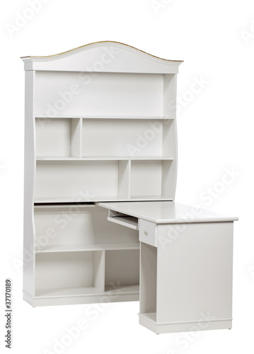 White wooden workstation (desk and bookcase), with clipping path