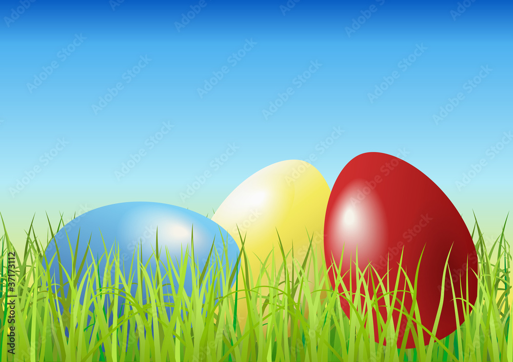 Easter eggs are on the grass.