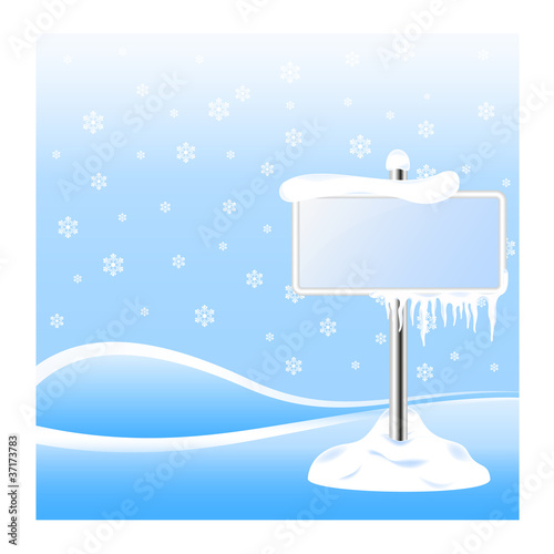 Frozen sign with icicles on winter background