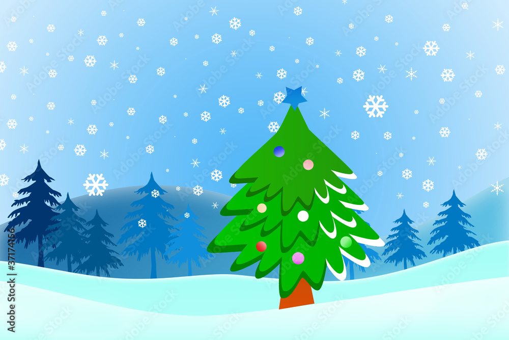 Cartoon Christmas tree on snow blue background