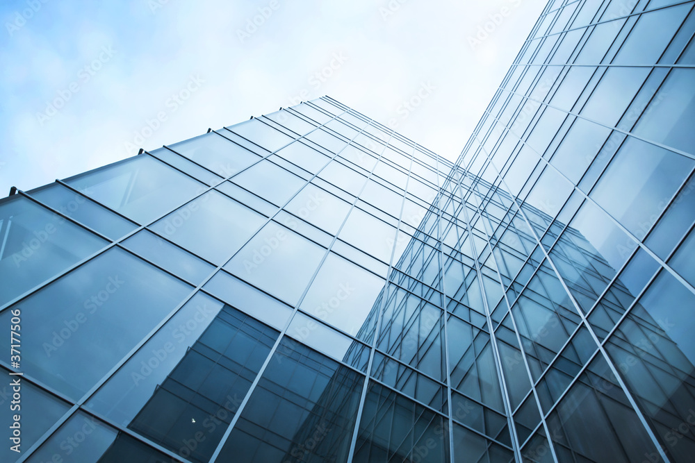 transparent glass wall of office building - obrazy, fototapety, plakaty 