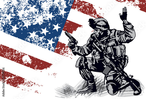 US soldier with the American Flag on the background