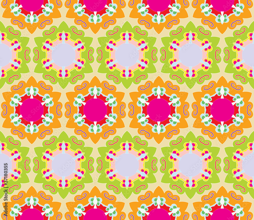 Seamless baroque pattern with stars and flowers in bright colors