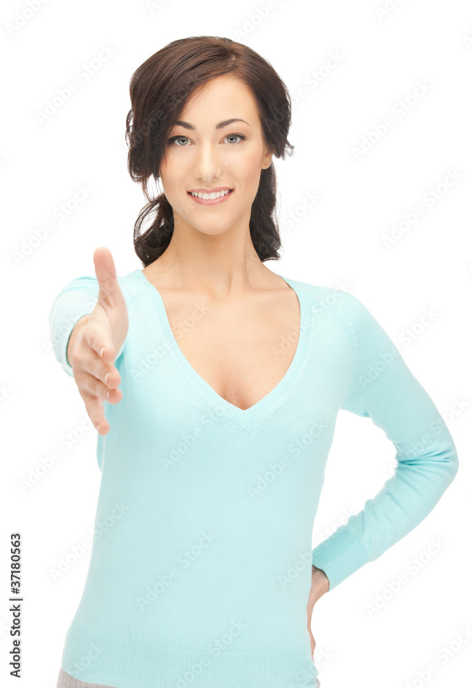 woman with an open hand ready for handshake woman with an open hand ready for handshake