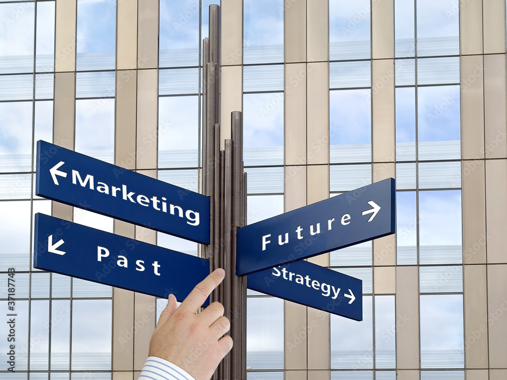 Fototapeta premium Decisions direction signs with office building in background