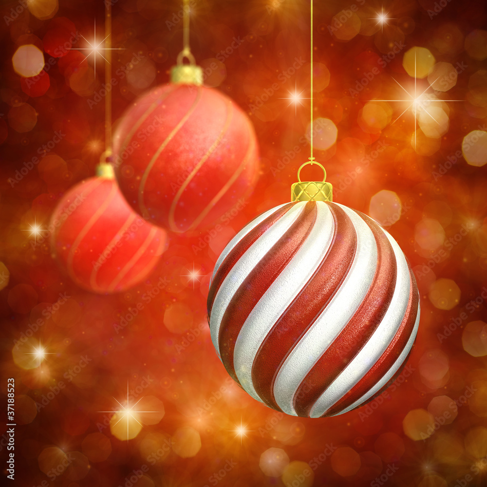 Christmas baubles on red sparkly background Christmas baubles on red sparkly background