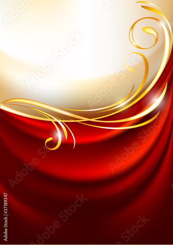 Red fabric curtain on gold background
