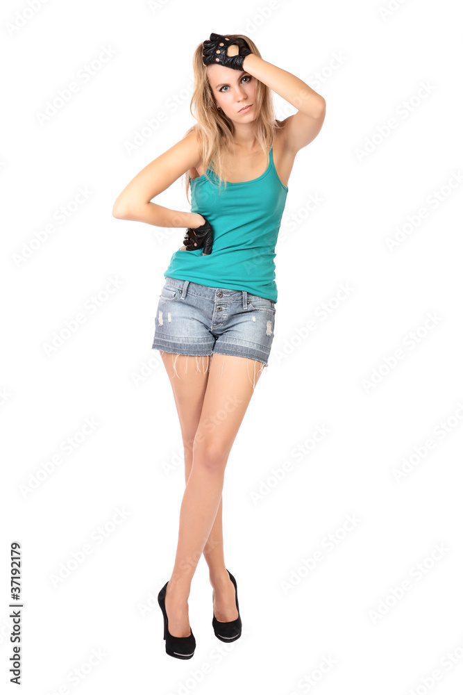 girl to the utmost in shorts and gloves isolated girl to the utmost in shorts and gloves isolated